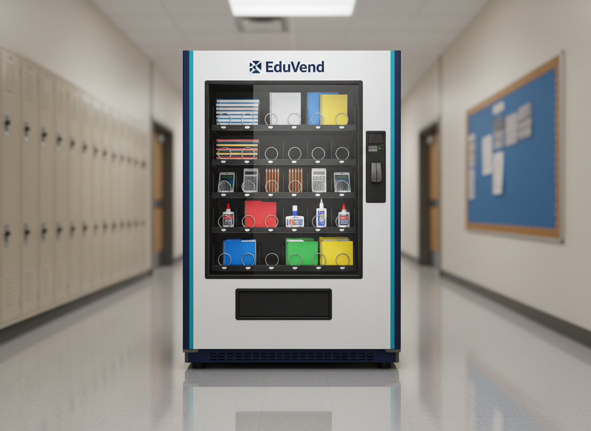 A modern EduVend-branded school-supplies vending machine standing alone in a clean school corridor, its surface finished in matte white with subtle navy and teal accents and a discreet logo near the top. Behind the clear glass front, neatly organized rows of notebooks, pencils, calculators, glue sticks, and colorful folders are perfectly aligned in metal coils. The floor is a light gray polished tile, reflecting soft overhead fluorescent lighting that creates gentle highlights on the machine’s edges. The background lockers and bulletin board are softly blurred for a professional, corporate feel. Shot at eye level with sharp focus on the machine, photographic realism, clean lines, and a balanced, minimalist composition emphasize efficiency and reliability.