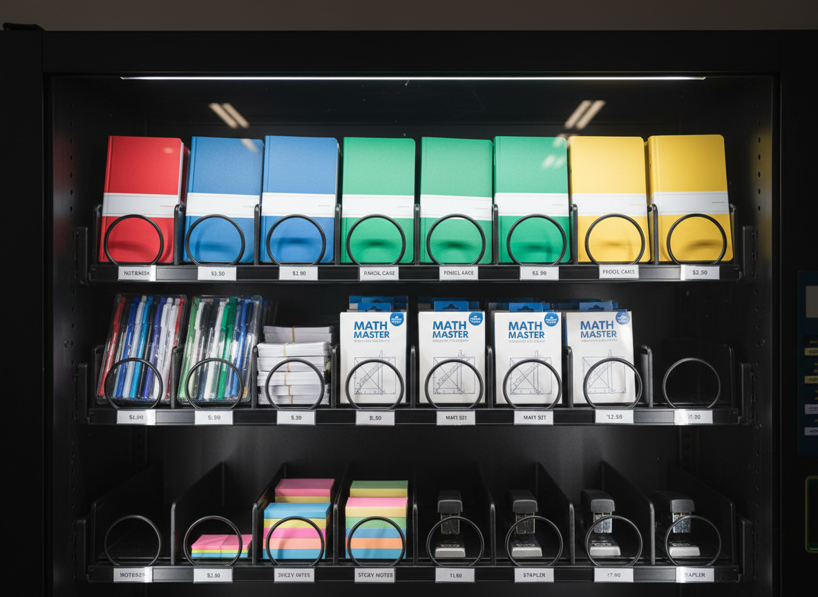 A meticulously organized interior view of an EduVend machine with the front glass virtually invisible, as if the viewer is looking directly at the shelves. Rows of color-coded notebooks, transparent pencil cases, neatly bundled index cards, boxed math sets, sticky notes, and compact staplers are aligned with precise spacing on matte black metal shelves. Small, clear price tags sit below each product in a consistent font. The lighting appears like soft display case illumination from above, highlighting textures of paper, plastic, and metal while casting delicate, uniform shadows beneath each item. The background is intentionally dark and neutral, creating strong contrast and a sense of order. Photographic realism with a clean, structured composition reinforces inventory clarity and professional presentation.