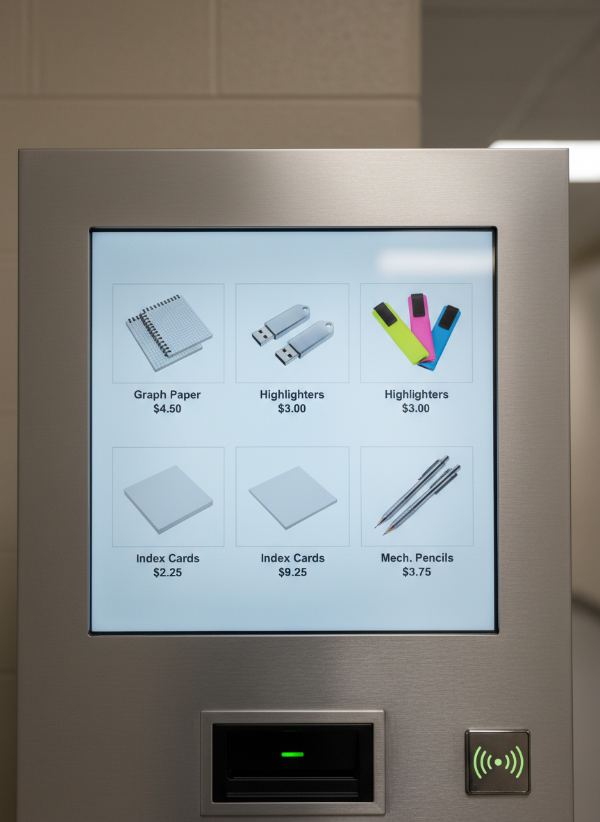 A close-up, slightly angled view of an EduVend vending machine interface, focusing on a sleek touch-screen panel surrounded by brushed aluminum. The screen displays a grid of clearly photographed school supplies: graph paper pads, highlighters, USB drives, index cards, and mechanical pencils, each with concise labels and prices. The lighting is soft, cool-toned indoor light, creating subtle reflections on the glass and metal without glare. The machine’s card reader and contactless payment symbol are visible in the lower frame, suggesting modern convenience. The background is softly out of focus, hinting at a neutral hallway wall. The mood is professional and efficient, with a corporate, photographic style and structured layout guiding the eye cleanly through the interface.
