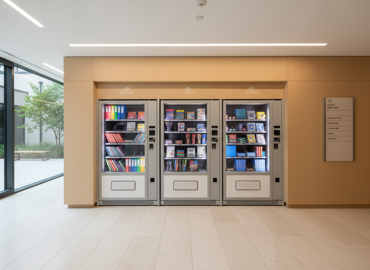 An orderly row of three EduVend school-supplies vending machines recessed into a custom-built wall niche in a contemporary school lobby. Each machine has a consistent, minimalist design with neutral white and gray panels, understated branding, and brightly but neatly stocked interiors: binders, art supplies, exam blue books, geometry sets, and flash drives. The lobby features large-format light stone tiles, a glass wall revealing an exterior courtyard, and a simple directory sign nearby. Diffused natural daylight from the glass wall combines with soft overhead lighting, producing even illumination and gentle, controlled shadows. Captured from a slightly elevated wide angle, the composition emphasizes symmetry, clean architecture, and a polished corporate aesthetic that communicates organization and institutional readiness.